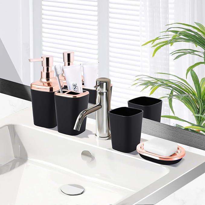 XLHOMO Black Bathroom Accessories, 9-Piece Black Bathroom Set with Trash Can, Vanity Tray, Soap Dispenser, Soap Dish, Toothbrush Holder, Toothbrush Cup, Toilet Brush and Qtip Holders - ModernBath