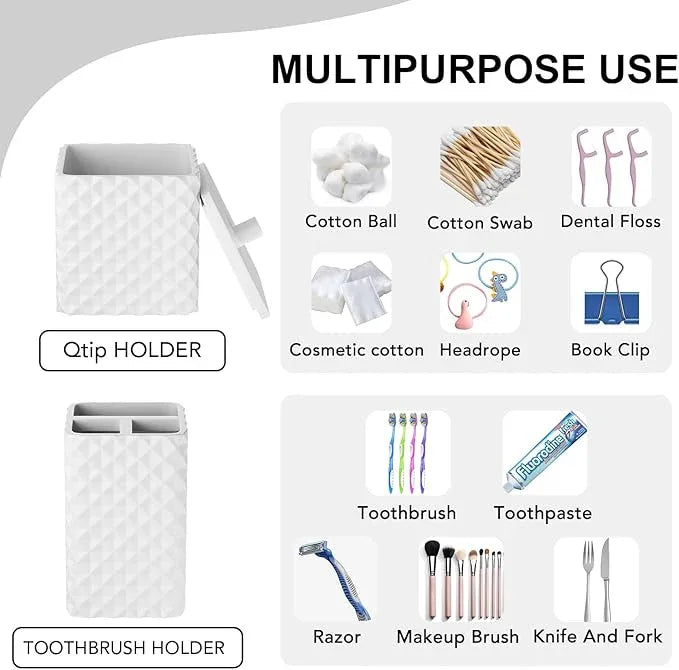 Bathroom Accessories Set Resin 6PCS, Square Toothbrush Holders Set Complete with Soap Dispenser, Vanity Tray, Tumbler, Cups and Cotton Swab Jars (White Diamond, Resin Bath 6 PCS) - ModernBath