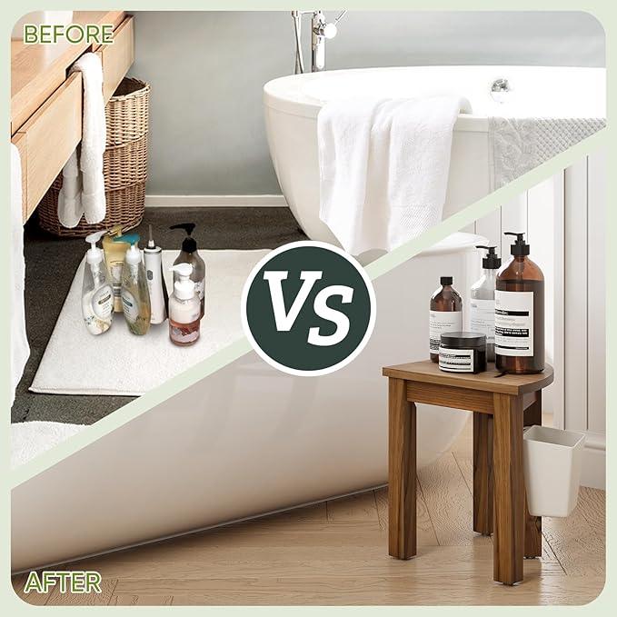 Smart Fendee Small Teak Shower Stool for Shaving Legs, Corner Shower Stools for Inside Shower, Bathroom Foot Rest with Storage Basket for Small Shower Spaces - ModernBath