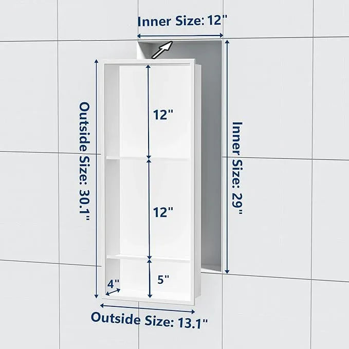 Qeke Stainless Steel Shower Niche 12" X 29", No Tile Needed Wall Niche Three-Tier, Recessed Shower Shelf for Bathroom Storage, Matte White - ModernBath