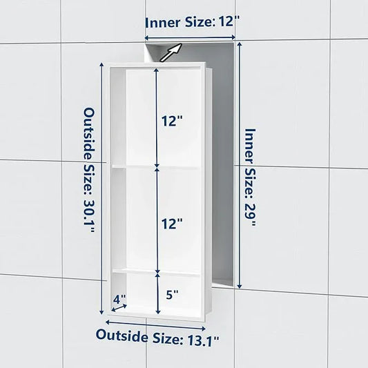 Qeke Stainless Steel Shower Niche 12" X 29", No Tile Needed Wall Niche Three-Tier, Recessed Shower Shelf for Bathroom Storage, Matte White - ModernBath