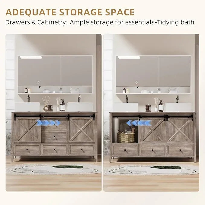 VNN Bathroom Vanity with Sink - 60 Inch Bathroom Vanity Double Sink Ceramic, Freestanding Cabinet with 2 Farmhouse Sliding Barn Doors and 5 Drawers, Space-Saving Storage Cabinet, Grey Wood Grain - ModernBath