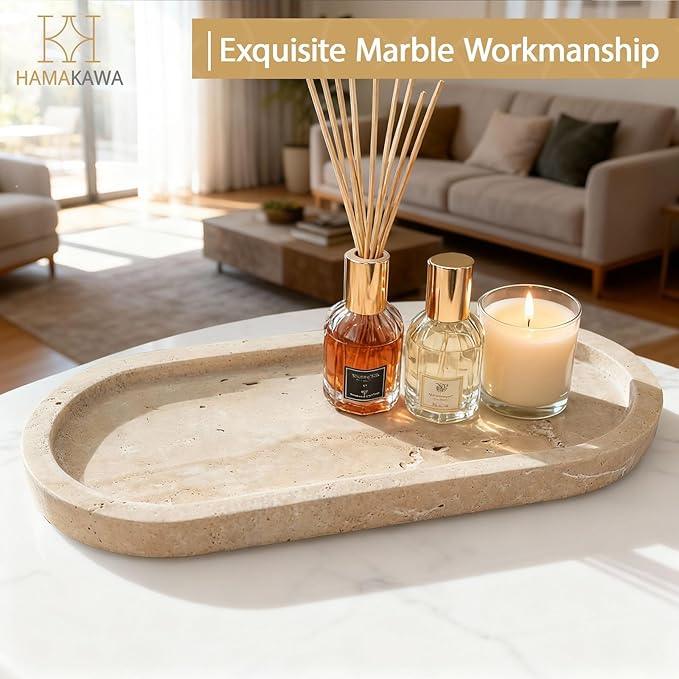 HAMAKAWA Bathroom Vanity Tray, Natural Marble Oval Sink Tray 10 inch, Beige Travertine Vanity Tray for Soap Dispenser Modern Countertop Organizer for Kitchen Countertops, Home Decor - ModernBath