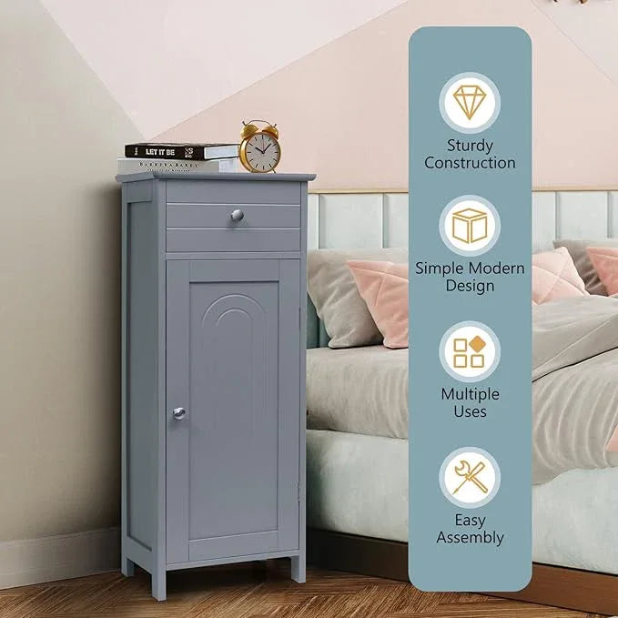 COSTWAY Bathroom Storage Cabinet, Single Door Floor Cabinet with Drawer and 3-Level Adjustable Shelves, Modern Side Storage Organizer with Anti-Tipping Device for Living Room, Bedroom (Gray) - ModernBath