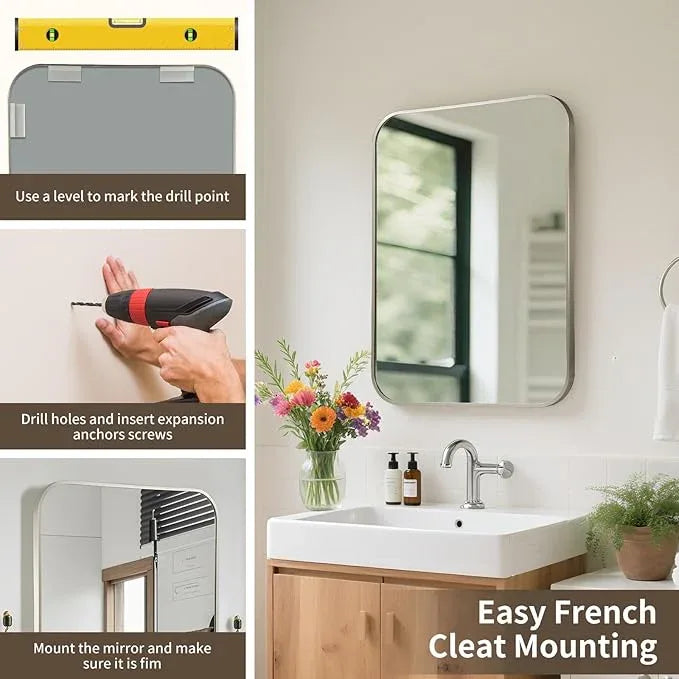 CLBA Brushed Nickel Mirror, 24x32 Inch Brushed Nickel Rectangle Mirror, Aluminum Alloy Framed Vanity Mirror, Rounded Rectangle Bathroom Mirror for Over Sink, Anti-Rust - ModernBath