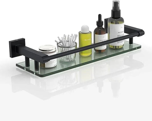 Glass Shelf 16IN for Bathroom Black Rectangular Stainless Steel Tempered Glass Modern Wall Mount Shelf Sink Over Toilet Bathroom Organizer (Matte Black, 16‘’) - ModernBath