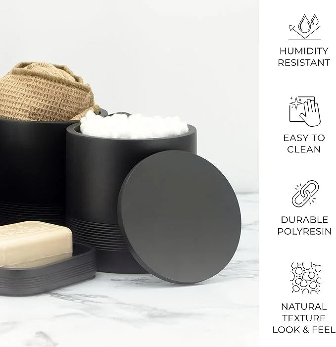 ZCCZ Black Matte Bathroom Accessories Set 6 Pieces - Toothbrush Holder, Lotion Dispenser, Qtip Container, Vanity Tray, Tumbler - Countertop Organizer for Bathrooms - Elegant and Functional Décor Set - ModernBath