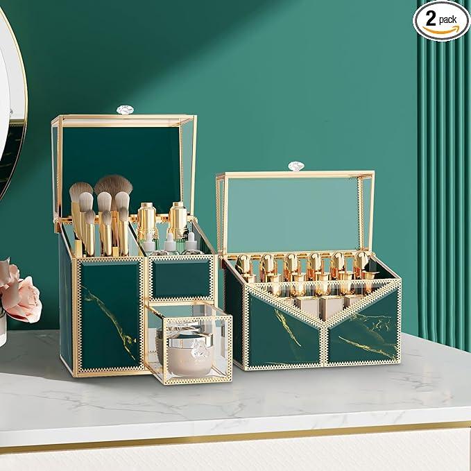 CoralHouse Makeup Organizer Countertop Set – Vanity Holder with 18-Slot Lipstick Organizer & Covered Makeup Brush Holder – Skincare, Perfume & Cosmetic Display for Bathroom or Dresser - ModernBath