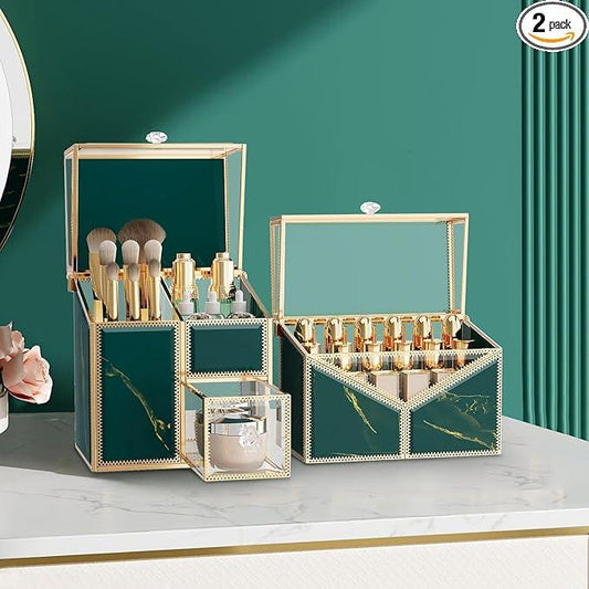 CoralHouse Makeup Organizer Countertop Set – Vanity Holder with 18-Slot Lipstick Organizer & Covered Makeup Brush Holder – Skincare, Perfume & Cosmetic Display for Bathroom or Dresser - ModernBath