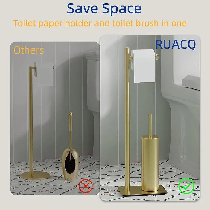RUACQ Toilet Paper Holder Stand with Toilet Brush and Holder Set, 304 Stainless Steel Bathroom Toilet Tissue Paper Roll Holder Free Standing, Weighted Base, Heavy Duty (Brushed Gold) - ModernBath