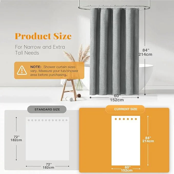 BTTN Stall Fabric Shower Curtain - 60x84 Inch Long Linen Textured Heavy Duty Shower Curtain Set with 10 Plastic Hooks, Narrow Spa Decorative Neutral Waterproof Shower Curtains for Bathroom, Gray/Grey - ModernBath
