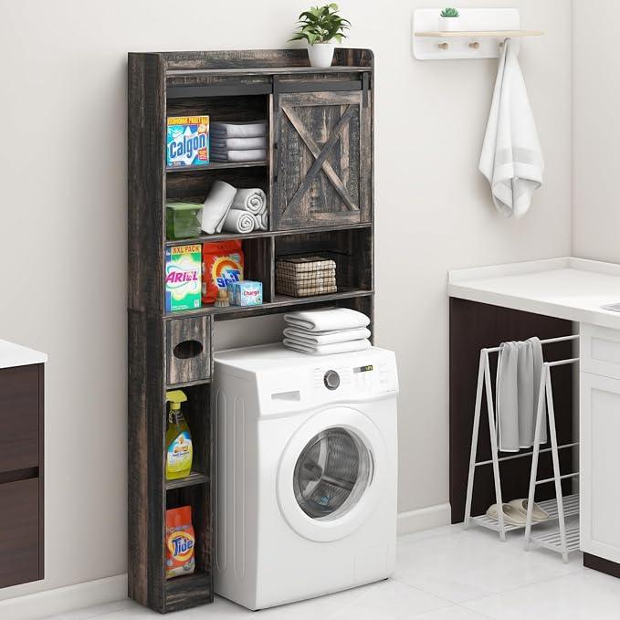Over The Toilet Storage Cabinet, Farmhouse Storage Cabinet Over Toilet with Sliding Doors & Toilet Paper Holder Stand，Home Space-Saving Toilet Rack, for Bathroom, Laundry(Dark Grey) - ModernBath