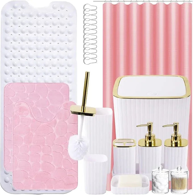 XLHOMO 26PC Bathroom Set - Gorgeous White Bathroom Set, Bathroom Accessories Set, Pink Shower Curtain Set with Bathtub Mats for Shower Tub - ModernBath