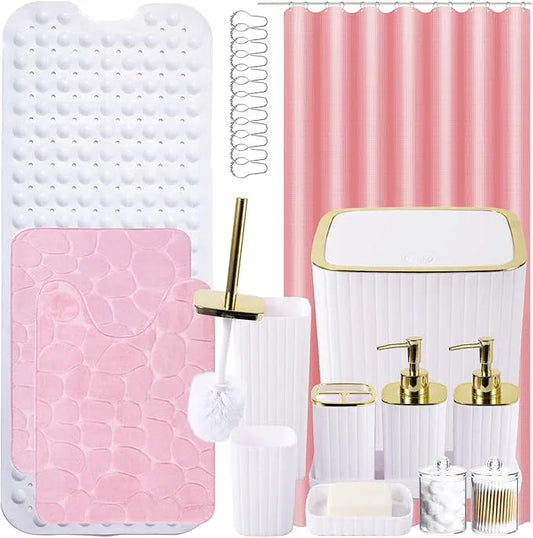 XLHOMO 26PC Bathroom Set - Gorgeous White Bathroom Set, Bathroom Accessories Set, Pink Shower Curtain Set with Bathtub Mats for Shower Tub - ModernBath