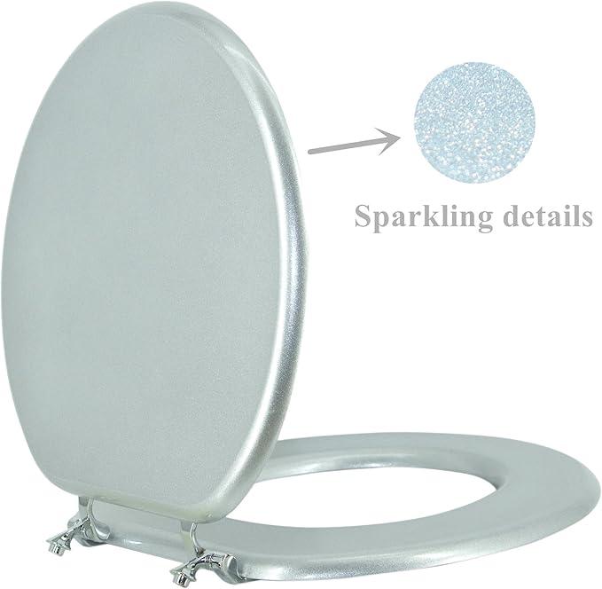 BLOFDE Round Toilet Seat Wood Toilet Seat Prevent Shifting with Zinc Alloy Hinges American Standard Size Toilet Seat Easy to Install also Easy to Clean(Round,Sparkling ClassicalSilver) - ModernBath