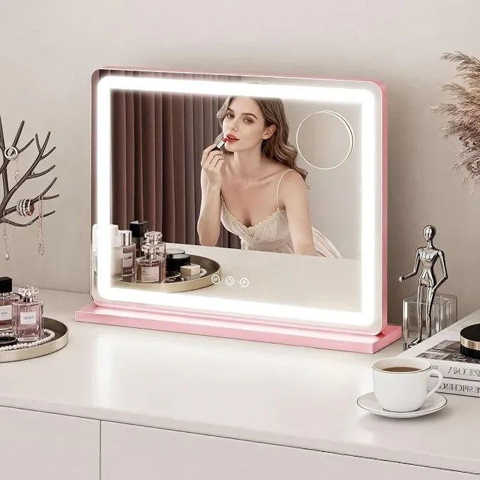 ROLOVE Pink Makeup Mirror with Lights, 23x18 Inch - 3 Color Modes, Dimmable LED Light up Mirror with 10X Magnification - Pink Vanity Mirror Wall&Tabletop Mount for Teen Girls - ModernBath