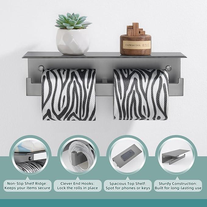 APLusee Gunmetal Gray Double Toilet Paper Holder with Shelf, 304 Stainless Steel Bathroom Tissue Roll Holder, Wall Mounted Paper Dispenser for Bathroom Kitchen, Fits Mega Rolls - ModernBath
