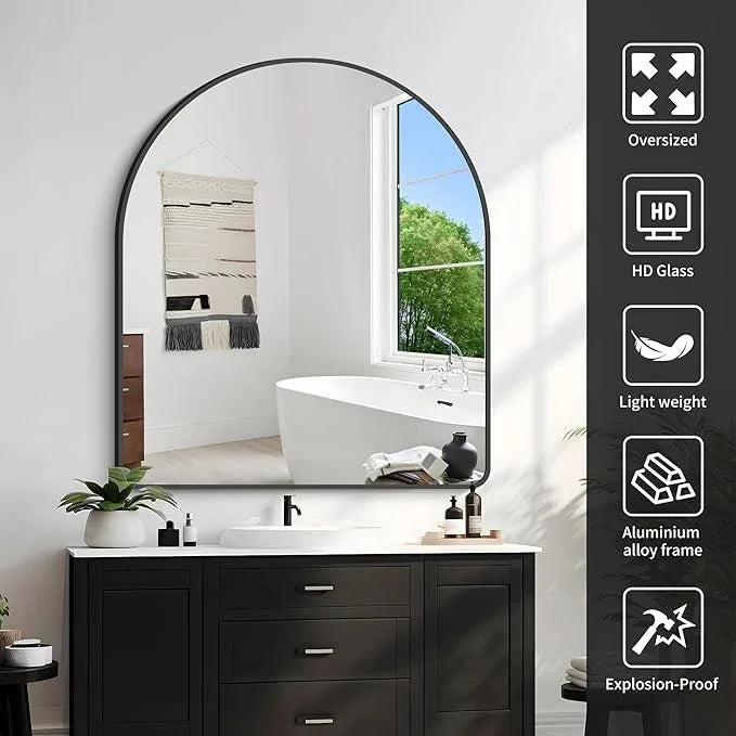 FORBATH Arched Mirror 36x40 Inch, Black Arched Mirror Wall Mounted Modern Black Aluminum Frame Decor Large for Dresser Bedroom Living Room Entryway, Hanging or Leaning Against Wall - ModernBath