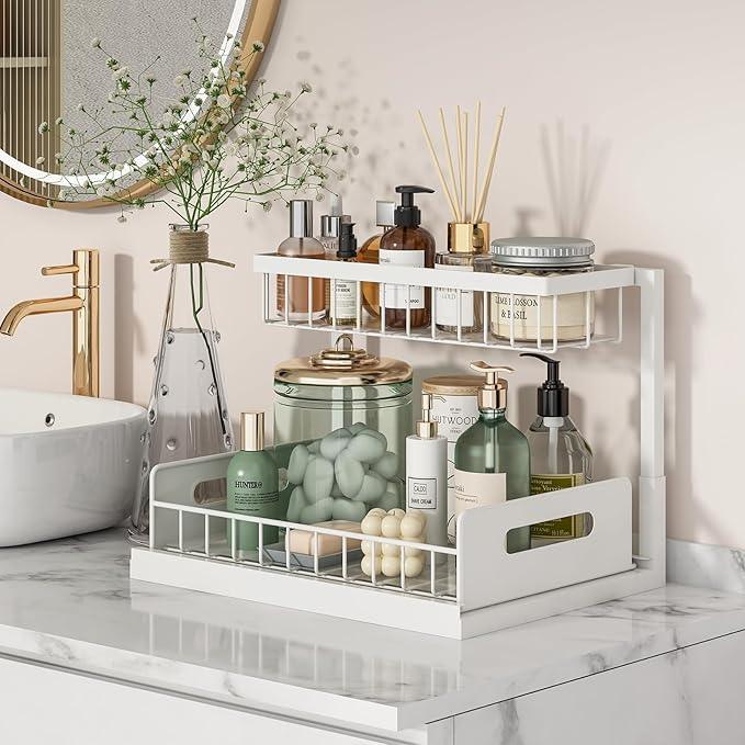 REALINN Under Sink Organizer, Pull Out Cabinet Organizer 2 Tier Slide Out Sink Shelf Cabinet Storage Shelves, Storage for Kitchen Bathroom, White, 2 Pack - ModernBath