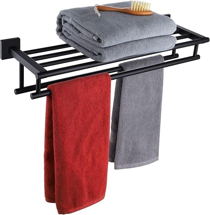 KOKOSIRI Bath Towel Rack with Double Towel Bars Bathroom Towel Shelf 20 Inch Towel Holder Wall Mounted Stainless Steel, Matte Black, B6005BK-L20 - ModernBath