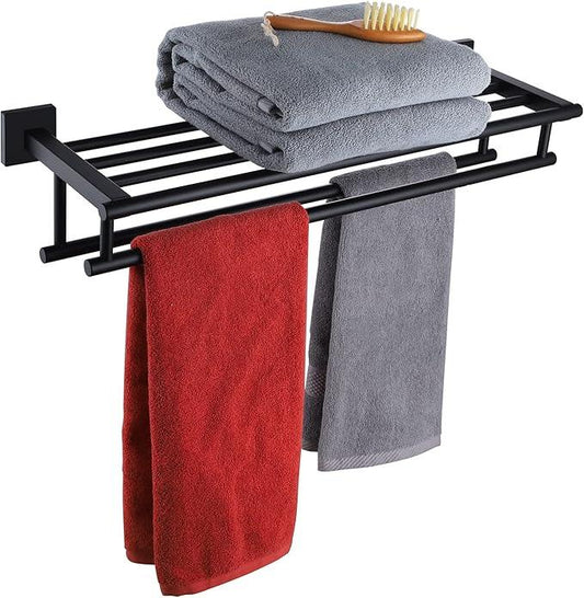 KOKOSIRI Bath Towel Rack with Double Towel Bars Bathroom Towel Shelf 20 Inch Towel Holder Wall Mounted Stainless Steel, Matte Black, B6005BK-L20 - ModernBath