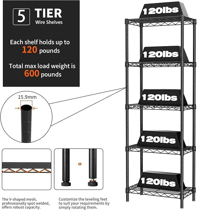 Small 5 tire Shelves Storage Wire Shelving Unit Metal Shelf Adjustable Organizers Storage Shelving for Bathroom Laundry Room Kitchen Pantry10”D x 16”W x 55”H Black - ModernBath
