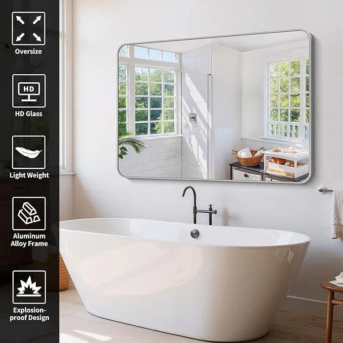 CIVENO 60x40 Inch Silver Bathroom Mirror, Large Rectangle Mirror, Metal Framed Rectangular Vanity Mirror, Rounded Corner Wall Mounted Mirror for Living Room Bedroom Entryway Horizontal or Vertical - ModernBath