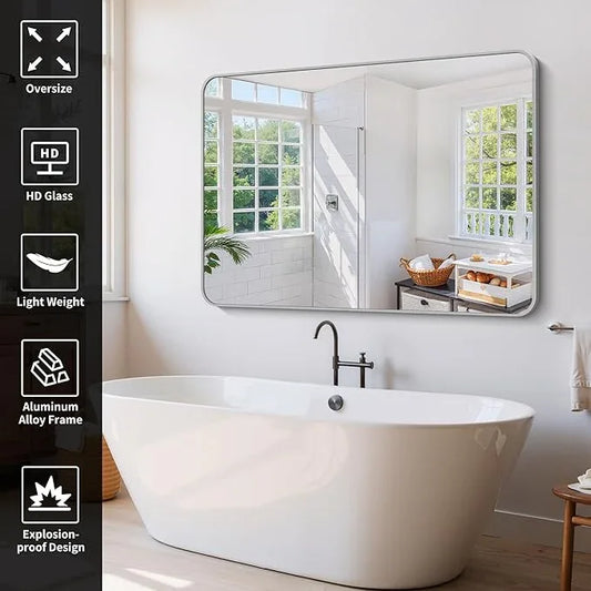 CIVENO 60x40 Inch Silver Bathroom Mirror, Large Rectangle Mirror, Metal Framed Rectangular Vanity Mirror, Rounded Corner Wall Mounted Mirror for Living Room Bedroom Entryway Horizontal or Vertical - ModernBath