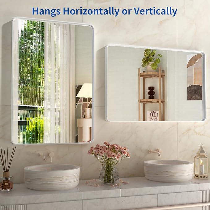 WEER White Bathroom Mirror 24X36 Inch, Rounded Rectangle White Metal Frame Mirror, Matte White Bathroom Vanity Mirror with Tempered Glass, Anti-Rust, Hangs Horizontally or Vertically - ModernBath