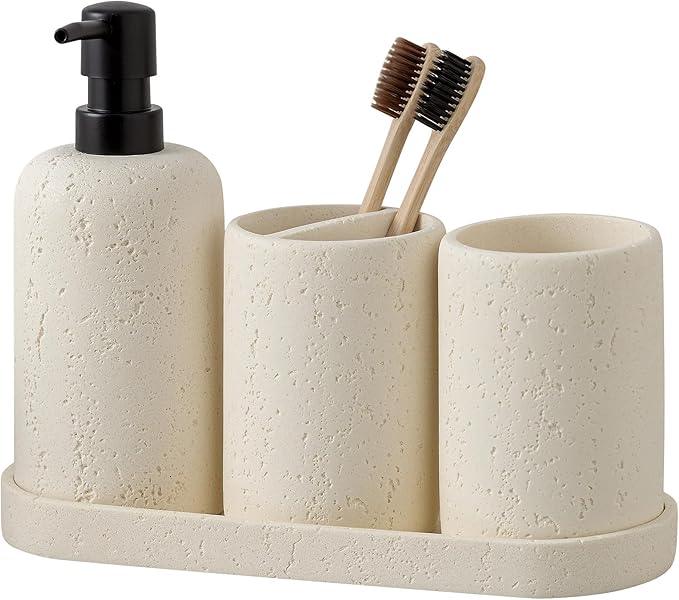 WUUAHOME Bathroom Accessories Set, 4 Piece Travertine Stone Look Collection, Modern Bath Organizer with Soap Dispenser, Toothbrush Holder, Tumbler, Vanity Tray for Countertop Kitchen Sink (Off White) - ModernBath