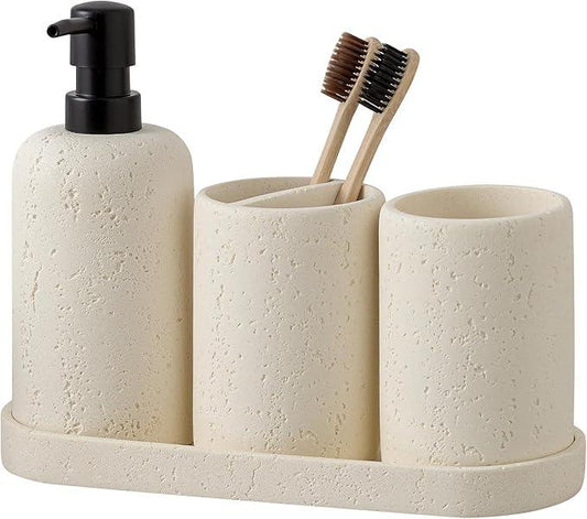 WUUAHOME Bathroom Accessories Set, 4 Piece Travertine Stone Look Collection, Modern Bath Organizer with Soap Dispenser, Toothbrush Holder, Tumbler, Vanity Tray for Countertop Kitchen Sink (Off White) - ModernBath