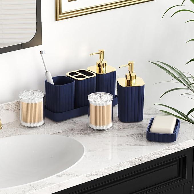 XLHOMO Bathroom Set with Shower Curtain and Rugs- 25PC Blue Bathroom Accessory Set, Navy Blue Shower Curtain Set, Toilet Brush, Trash Can, Qtip Holder Dispenser & Soap Dispenser - ModernBath