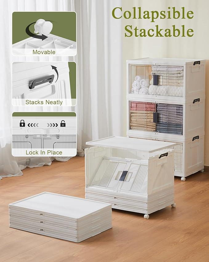 OlarHike 76QT Lockable Storage Bins with Lids - Folding Storage box with Doors and Wheels, Collapsible Plastic Bins for Closets, Stackable Organizer and Containers, Christmas Gifts, 3 Pack Cubes - ModernBath