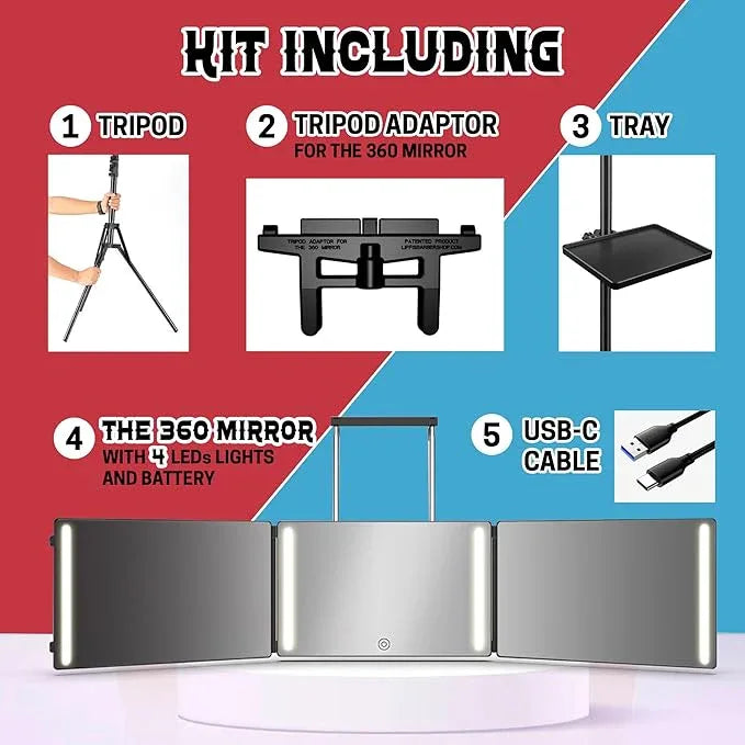 LIPFISBARBERSHOP.COM 360° Mirror with Tripod, 3-Way Mirro for Self Hair Cutting, Includes Crystal-Clear Glass, 4 LEDs, USB-C Fast Charging, Rechargeable Battery (360 Mirror + Tripod + Adapter) - ModernBath
