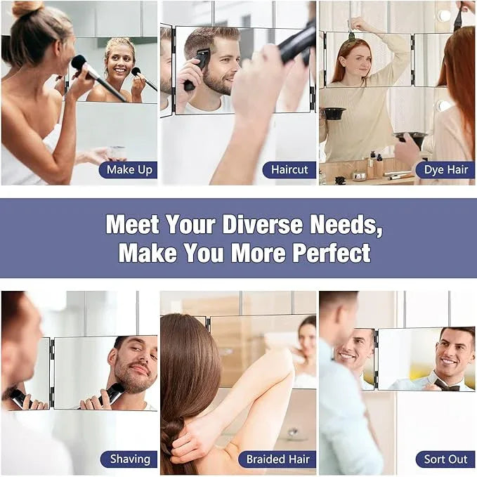 Dripex 3 Way Mirror for Men or Women, 360° Trifold Self Haircut Mirror with Height Adjustable Hooks, for Makeup, Styling, Shaving, Braiding, Dye Hair (Black Without Led) - ModernBath