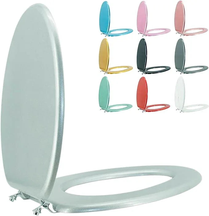 BLOFDE Elongated Toilet Seat Wood Toilet Seat Prevent Shifting with Zinc Alloy Hinges American Standard Size Toilet Seat Easy to Install also Easy to Clean(Elongated,Sparkling Classical Silver) - ModernBath
