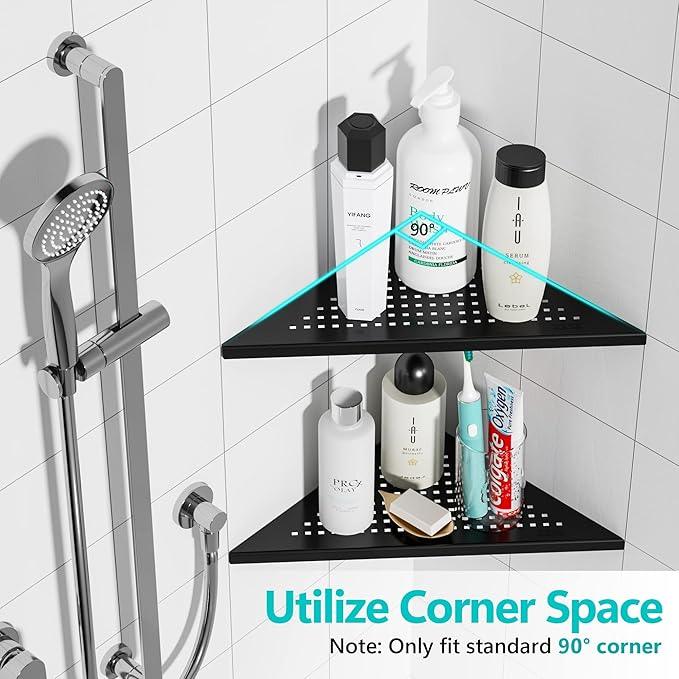 2 Pack Bathroom Corner Shelf, Recessed 12" Corner Shower Shelf, SUS304 Stainless Steel Triangular Wall Mount, No Drilling, Matte Black - ModernBath