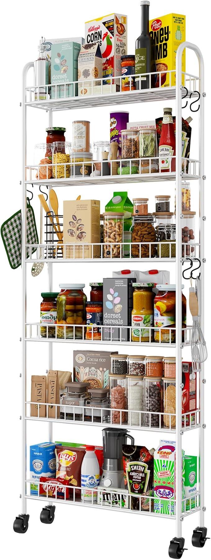 6 Tier Slim Rolling Storage Cart with Wheels, Metal Mobile Shelving Unit Organizer Utility Cart for Office Bathroom Kitchen Laundry Room Narrow Places (White 6 Inches) - ModernBath