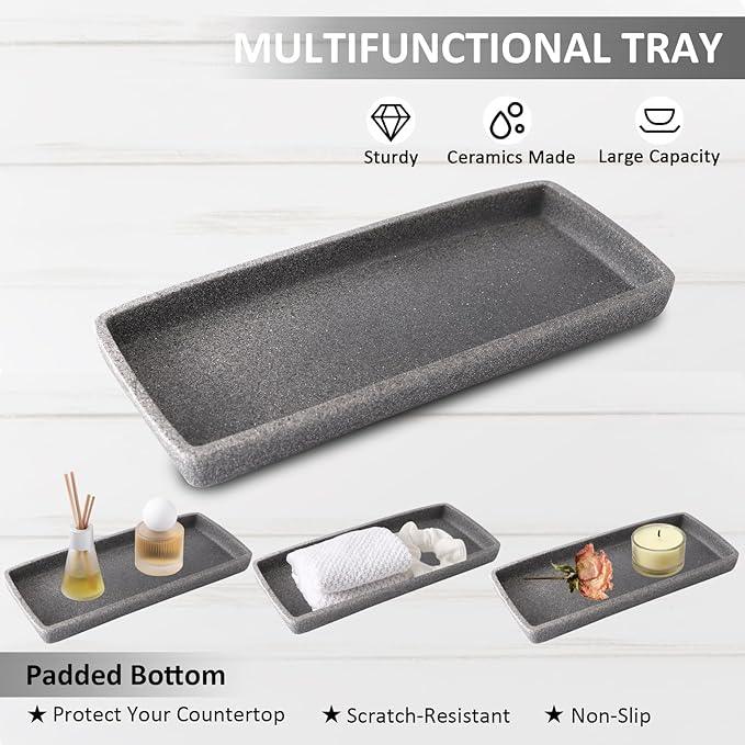 Resin 6 Pcs Gray Bathroom Set Complete with Toothbrush Holder, Lotion Soap Dispenser, 2 Qtip Holder Dispensers,Vanity Tray,Bathroom Tumbler - Countertop Vanity Organizer - Bathroom Accessories Set - ModernBath
