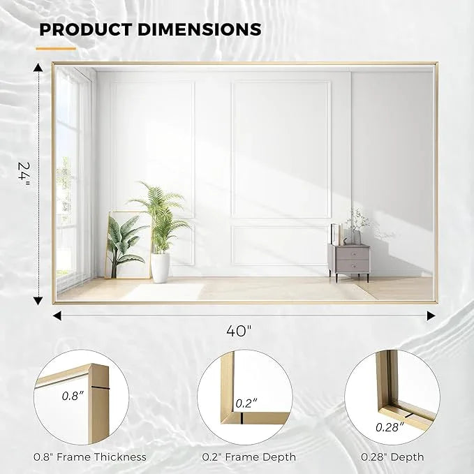 Bonverre 24x40 Inch Brass Bathroom Mirror for Wall, Aluminum Frame Rectangle Rectangular Vanity Mirror, Modern Large for Bedroom, Living Room, Horizontal or Vertical - ModernBath