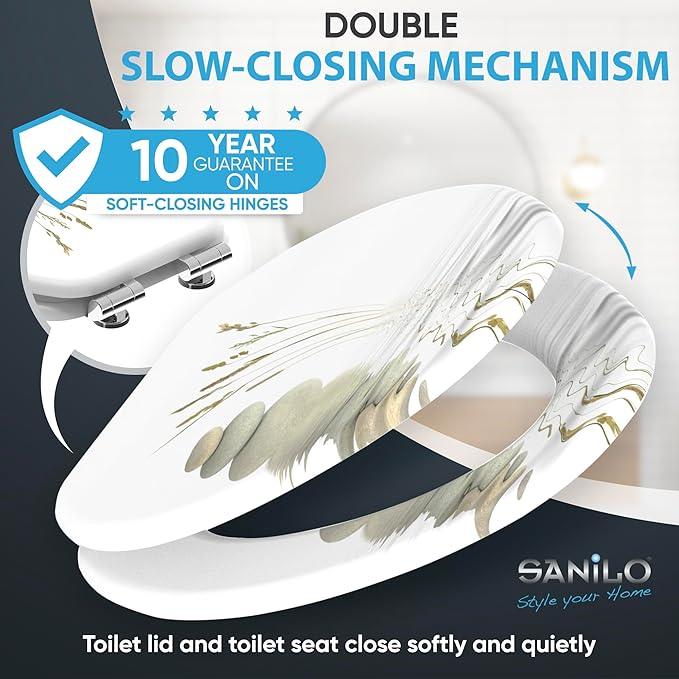 SANILO Wooden Toilet Seat with Soft Close [ELONGATED] - Decorative, Quiet & Slow Close Molded Wood Seat - With Strong Bumpers & Hinges - Adjustable Fit - Balance - ModernBath