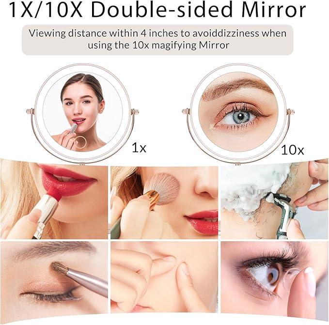 Senshuerjie 7" Rose Gold Glitter Diamond Rhinestone Makeup Mirror,360°Rotate Round Tabletop Vanity Mirror Double Sided 1X/10X HD Undistorted Magnifying Mirror,Portable Vanity Women Gift (Rose Gold) - ModernBath