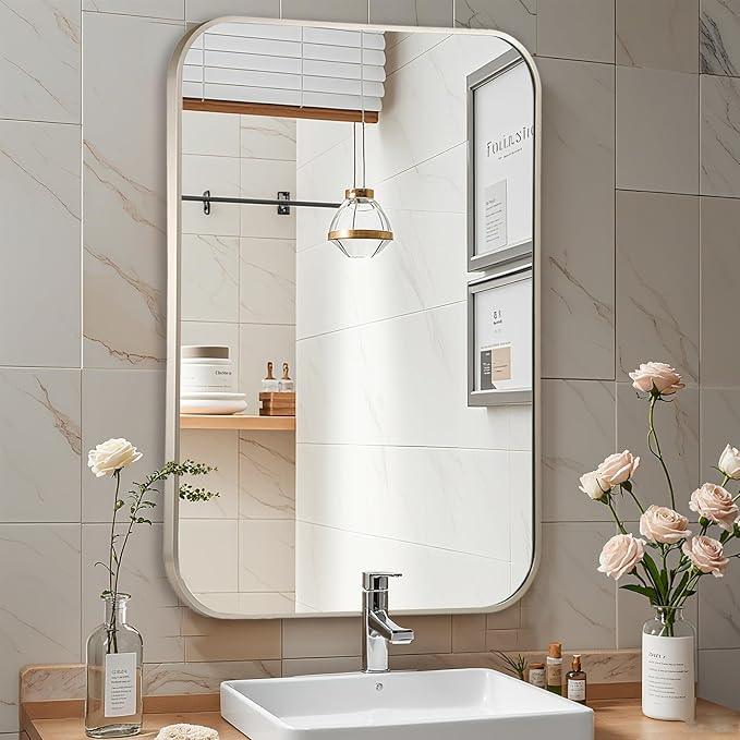 CLBA Brushed Nickel Mirror, 22x30 Inch Brushed Nickel Rectangle Mirror, Aluminum Alloy Framed Vanity Mirror, Rounded Rectangle Bathroom Mirror for Over Sink, Anti-Rust - ModernBath