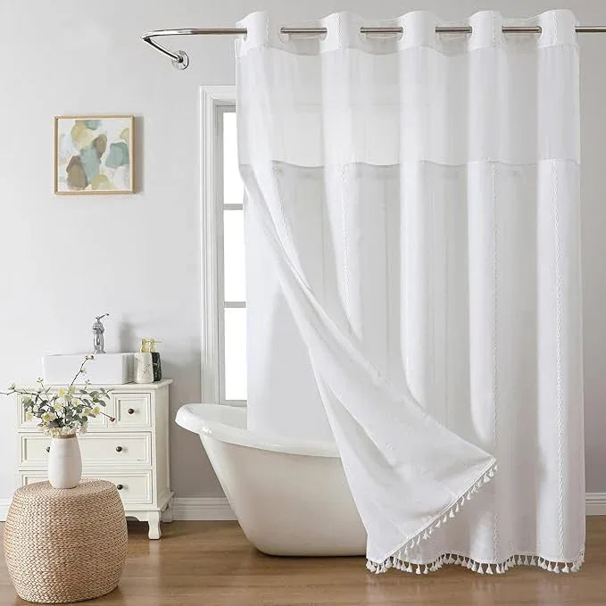 eachope White Farmhouse No Hook Shower Curtain Set with Snap-in Fabric Liner,Boho Heavy-Duty Linen Textured Rustic Striped Design,Water-Repellent with Tassels and Sheer Window,71x74 - ModernBath