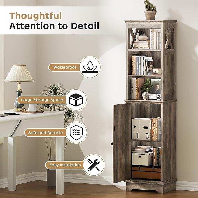 Narrow Bathroom Storage Cabinet with Door and Open Adjustable Shelves, 60.9" H Wooden Tall Tower Corner Farmhouse Cabinet, Freestanding Organizer for Kitchen, Entryway Grey - ModernBath