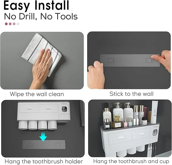 iHave Toothbrush Holders for Bathrooms, 4 Cups Toothbrush Holder Wall Mounted with Toothpaste Dispenser - Large Capacity Tray, 2 Cosmetic Drawer - Bathroom Organizer & Bathroom Accessories Set - ModernBath