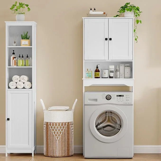 RRX Over The Toilet Storage Cabinet,Bathroom Above Toilet Cabinets Organizer, 24.8" L x 9.1 "W x 65.7 "H Free Standing Toilet Rack with Adjustable Shelf and Open Storage,Double Doors(Pure White) - ModernBath