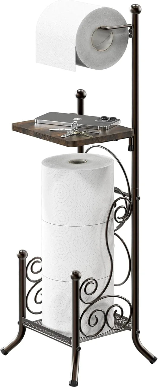 Simple Houseware English Style Bathroom Toilet Tissue Roll Holder Stand with Shelf, Bronze - ModernBath