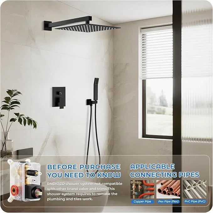 RNDIOZD Black Shower Faucet Set, 10 inch Rain Shower System with Pressure Balance Valve, Wall Mounted 2-Functions Bathroom Shower Systems with Rain Shower and Handheld Spray Shower Trim Included - ModernBath