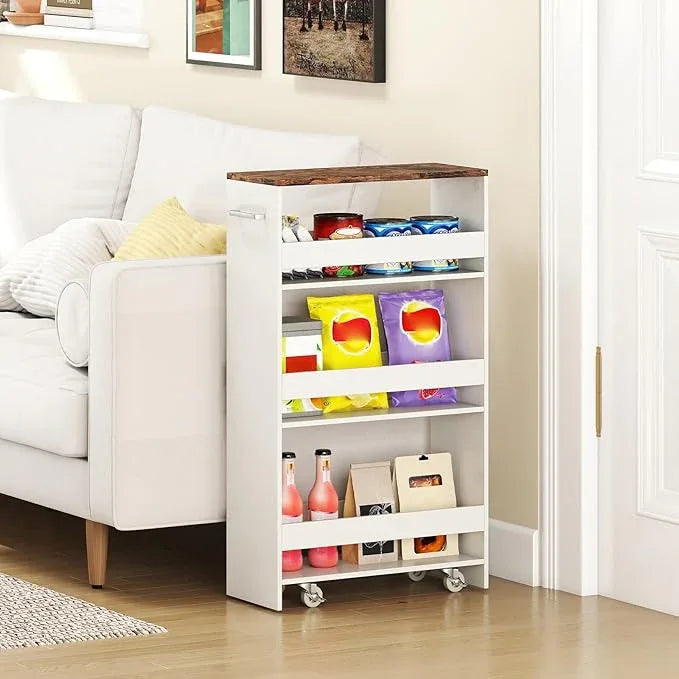 Small Kitchen Cart, 4-Tier Slim Rolling Island w/Handle, Laundry Room Storage Organizers Between Washer and Dryer, Narrow Spice Rack on Wheels Next to Fridge (White & Rustic Brown, 8'') - ModernBath